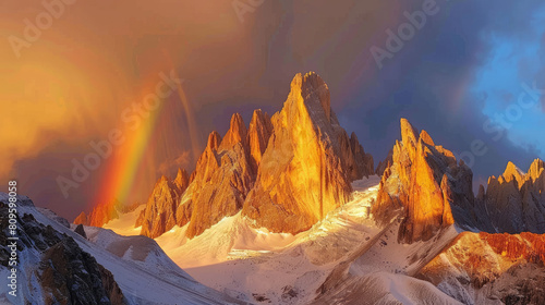 Stunning mountain peaks of the Pale di San Martino group in the Italian Dolomites, bathed in golden sunset light. A glacier glistens, and a rainbow arcs across the sky. photo