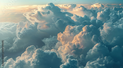 Stunning aerial view of fluffy clouds at sunset
