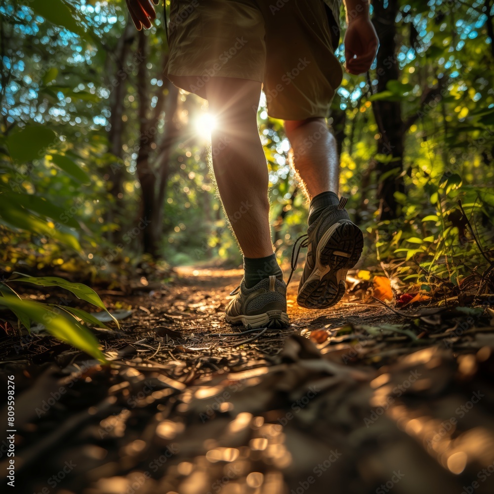 Close-up of legs in hiking boots on a hiking trail, on top of a mountain outdoors. Travel concept Close-up of legs in hiking boots on a hiking trail, on top of a mountain outdoors. Travel concept