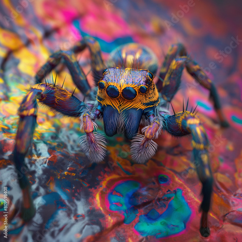 Colorful peacock spider on vibrant background