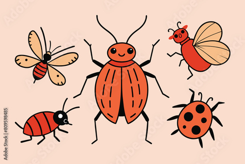 Collection of cute insects, ladybug and ants. Linear hand drawn doodle. Vector illustration. Isolated elements for design, decor, decoration