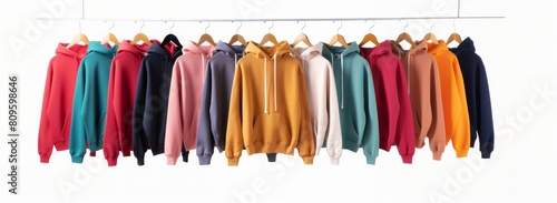 Colorful hoodies hanging on rack in a row.