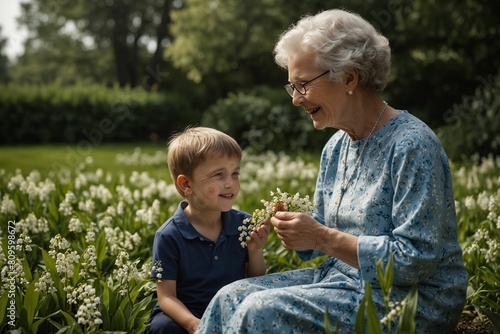 child offering a sprig of lily of the valley in bloom to his grandmother