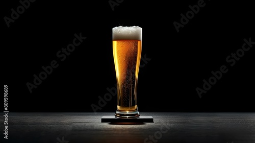 A Pint of Golden Beer with a Frothy Head on a Dark Background. Perfect for Pub Menus and Beverage Advertisements. Moody Lighting Emphasizes the Beverage. AI photo