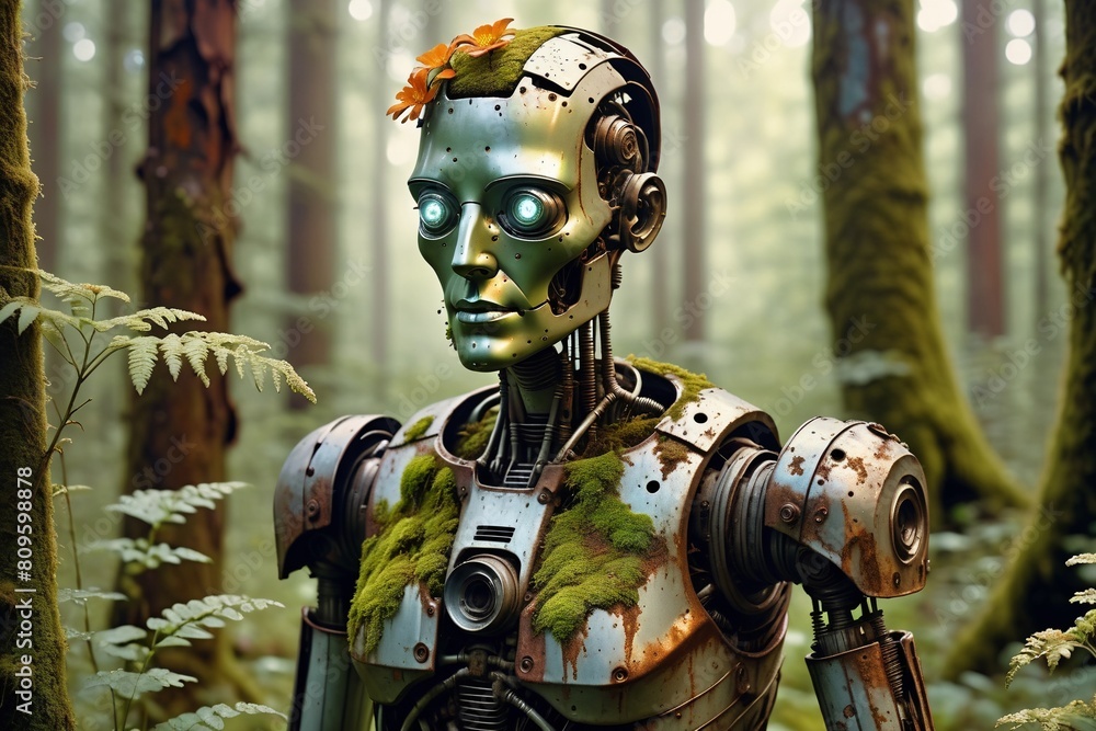 A humanoid robot forgotten in the forest