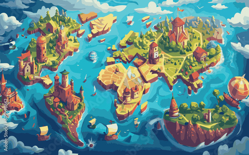 A painting of a world map with many islands and buildings