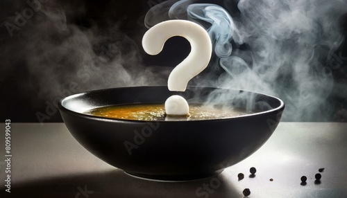シンプルなスープの黒い器に白い立体的な疑問符のシルエットが浮かぶ、モダンな雰囲気、美味しそうな湯気、ちょっとお洒落な感じの背景 Generated by AI
