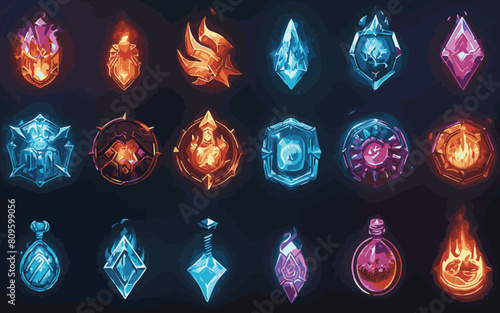 A collection of colorful gems and crystals, some of which are fire-themed
