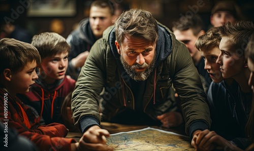 Man Examining Map Surrounded by Children © uhdenis