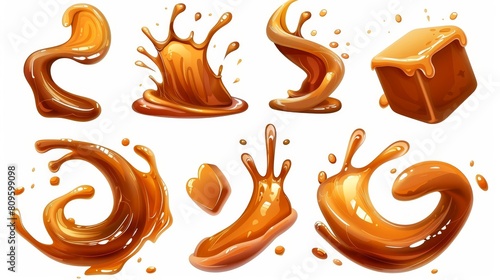 Cartoon set of brown cream, fudge cubes, sugar or maple syrup drips and stains in swirls, hearts and waves. photo