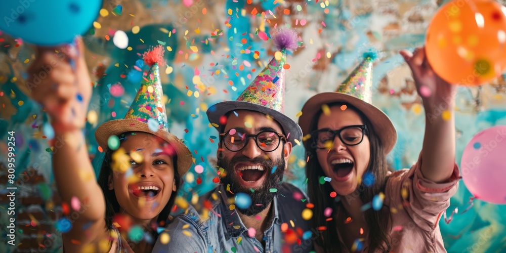 Obraz premium A vibrant and joyous birthday celebration with friends throwing colorful confetti and balloons creating a festive atmosphere