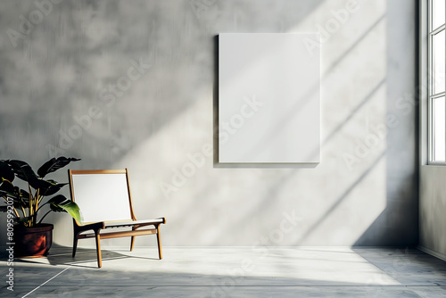 Minimalistic interior room, painting on a white wall, mockup