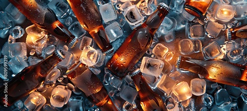 bottles of beer chilled in ice. AI generated illustration photo