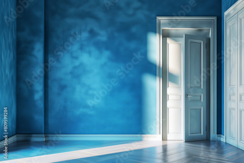 Minimalistic interior  blue wall  mockup