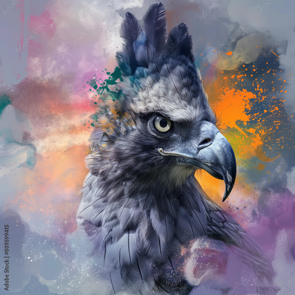 Fototapeta premium Majestic harpy eagle head with colorful splashes