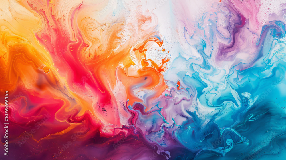 Fototapeta premium Swirls of vibrant hues explode across a pristine canvas, creating an ethereal spectacle.