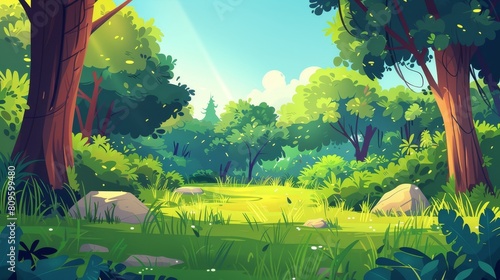 Summer forest landscape with trees, bushes, stones and sunlight. Modern cartoon illustrations of deep woods, nature parks or gardens.