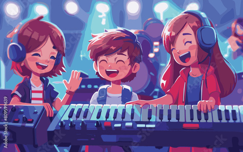 A cartoon of three children playing music together