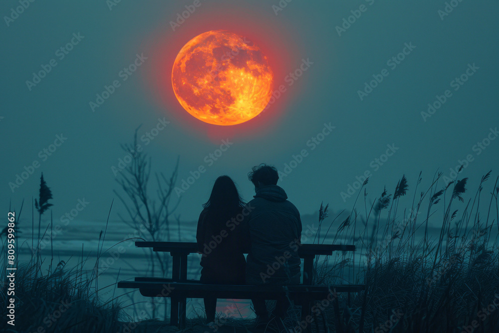 Couple enjoys a romantic moonlit night at a seaside bench