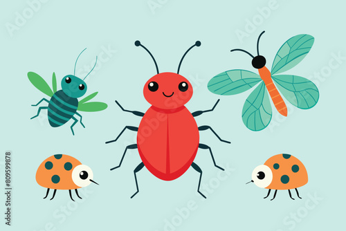 Collection of cute insects, ladybug and ants. Linear hand drawn doodle. Vector illustration. Isolated elements for design, decor, decoration
