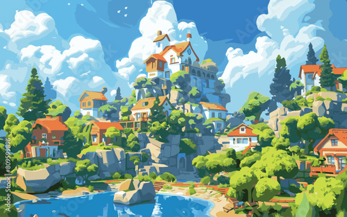 A painting of a town with a large house and a small house