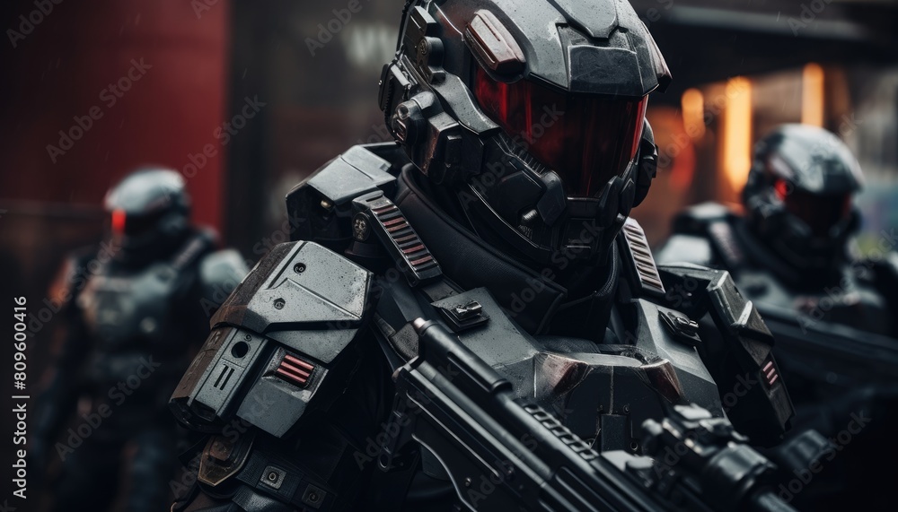 Elite soldiers in full armor with distinctive insignias standing closely next to each other Elite soldiers in full armor with distinctive insignias standing closely next to each other