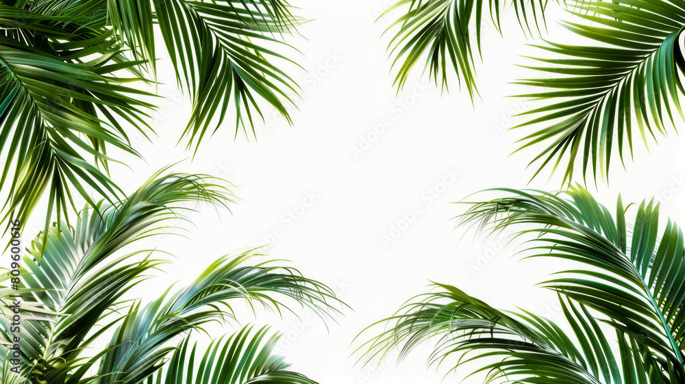Palm Leaves Border. Generated Image. A digital rendering of palm tree leaves bordering a white background. Palm Leaves Border. Generated Image. A digital rendering of palm tree leaves bordering a white background.