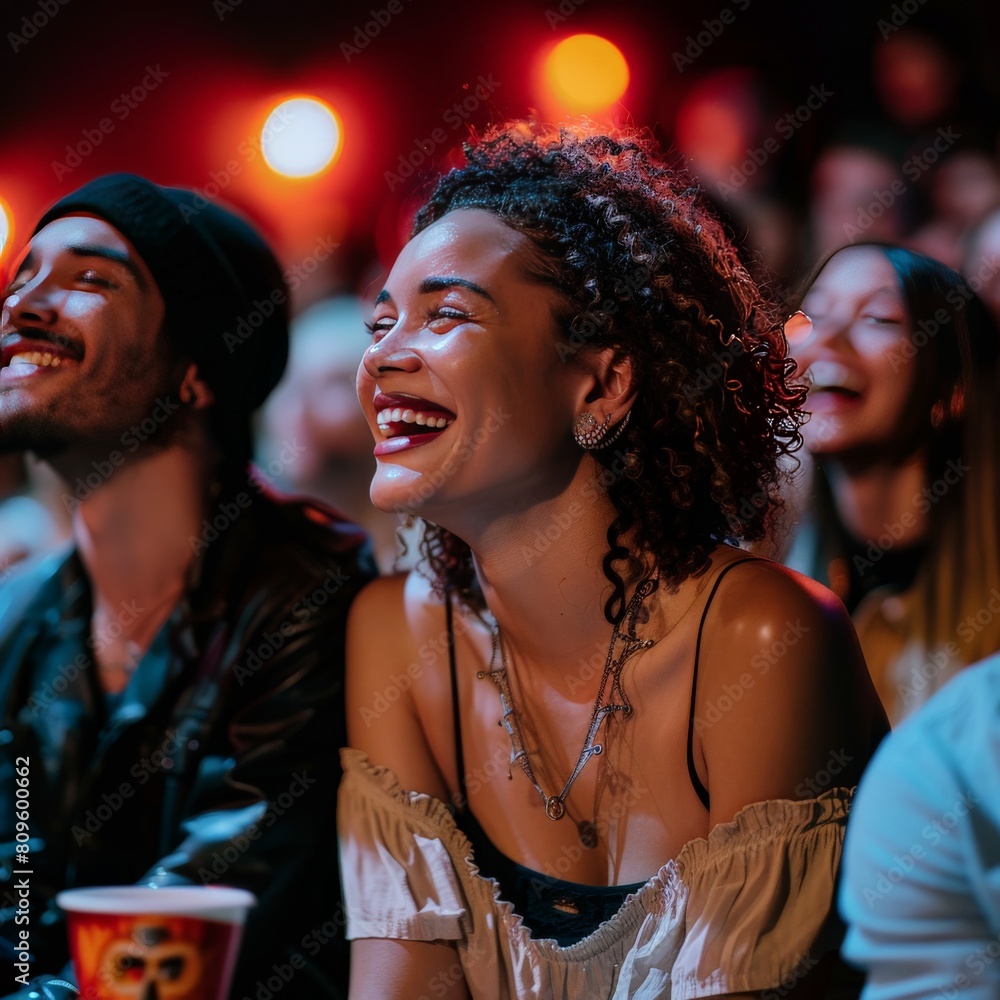 Moviegoers at a film premiere, showing reactions ranging from laughter to tears Moviegoers at a film premiere, showing reactions ranging from laughter to tears