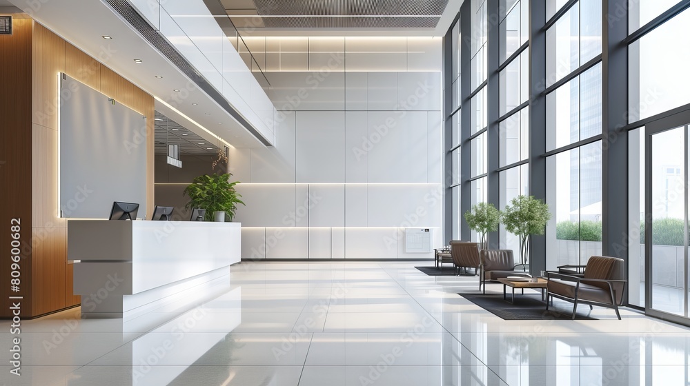 Fototapeta premium Modern and spacious office lobby design with sleek furniture and clean white wall - Ideal for corporate and creative business settings