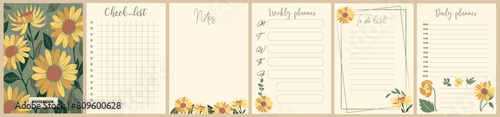Notebook pages and cover template with colorful sunflowers. Planner, diary, notepad, organizer with cute floral design. Vector cards, notes, stickers, labels, tags paper sheet illustrations. photo