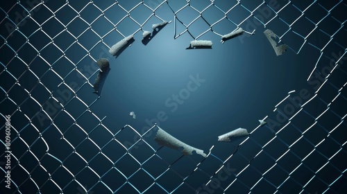 The broken wire fence, rabitz or chain link. Modern illustration of the ripped metal mesh, steel grid or net with a hole in the center, damage to the safety border, freedom concept, realistic 3d photo