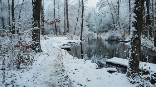 Snowy woodland with a pond and pathway photo
