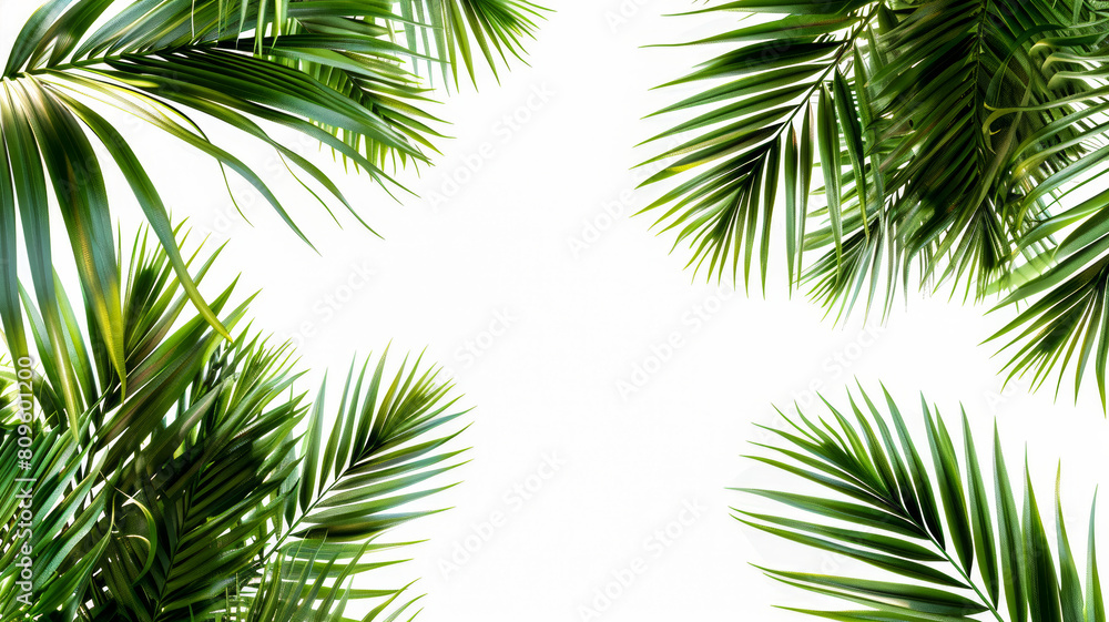 Palm Leaves Border. Generated Image. A digital rendering of palm tree leaves bordering a white background. Palm Leaves Border. Generated Image. A digital rendering of palm tree leaves bordering a white background.