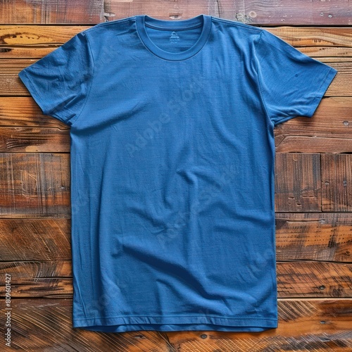 T- shirt mockup on wooden background, Mock up for design and print, Front Cobalt Blue T-shirt Mockup	