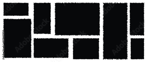 Set of grunge jagged rectangle shape. Black torn paper sheet for sticker, collage, banner. Vector illustration isolated on white background. eps 10