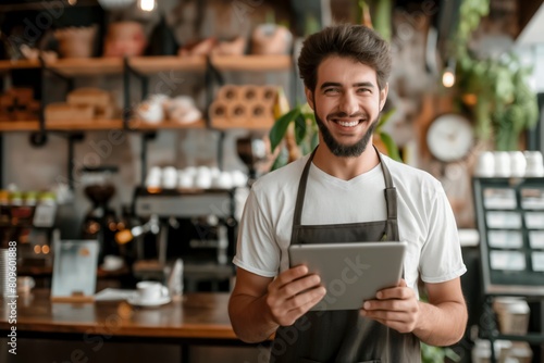 A man with a beard is smiling and holding a tablet in a coffee shop. He is wearing an apron and he is a barista, Crafting Smiles: The Joy of Barista Entrepreneurship