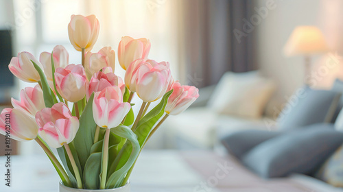 A beautiful bouquet of tulips stands in a hotel room