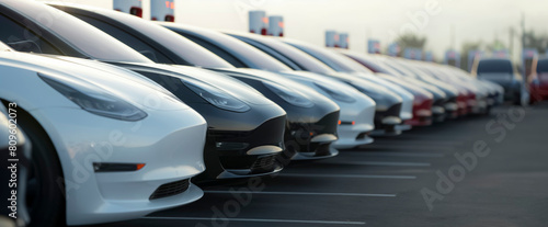 Banner, A row of white and black electric cars are parked in a lot. The cars are all the same model and are parked in neat rows