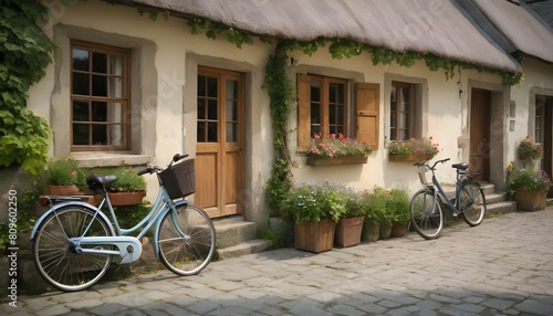 A bicycle parked outside a cozy cottage in a pictu upscaled 3 photo