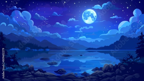 This summer midnight scene features a mysterious big moon in a cloudy dark sky shining brightly over a calm moonlit lake. It is a spooky and mysterious scene.