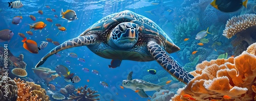 Happy cute sea turtle swimming freely in the blue ocean. Scuba diving with the underwater sea turtle. RIch blue sea water background. AI generated illustration