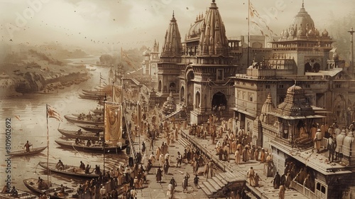 Scenic view of Indian riverfront with traditional architecture and bustling crowd on ghats photo