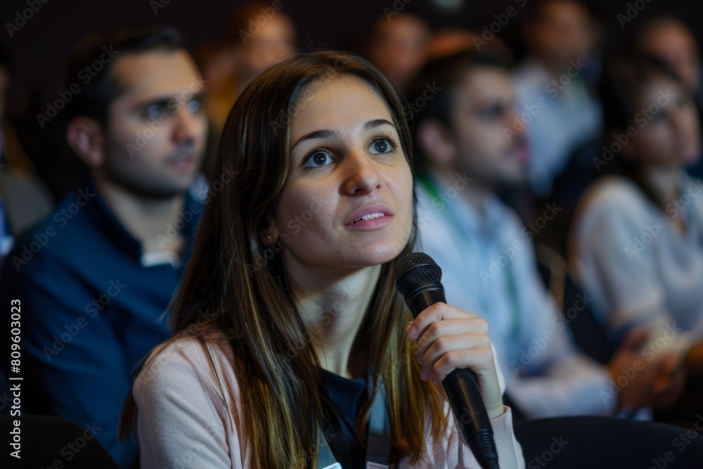 Woman in the audience at a meeting speaks into a microphone