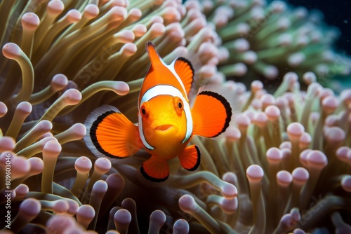 Underwater Scene Of Orange Clownfish In Habitat. Generative AI