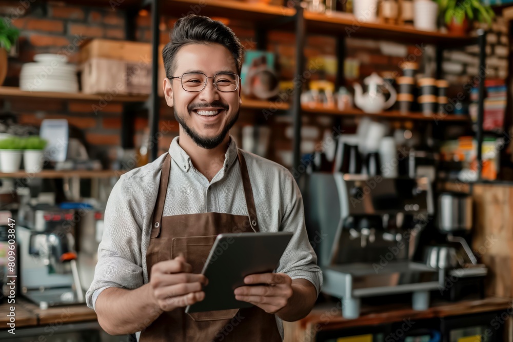 A man wearing an apron and glasses is smiling while holding a tablet. He is standing in a coffee shop with a variety of items on the shelves, including cups, a potted plant, and a vase A man wearing an apron and glasses is smiling while holding a tablet. He is standing in a coffee shop with a variety of items on the shelves, including cups, a potted plant, and a vase
