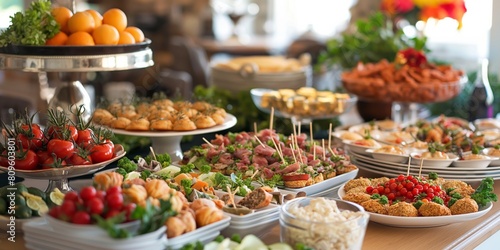 An array of gourmet delicacies displayed elegantly on a buffet table  showcasing a variety of colors and textures  inviting and sumptuous
