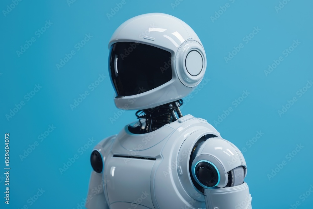 White robot standing on blue background White robot standing on blue background