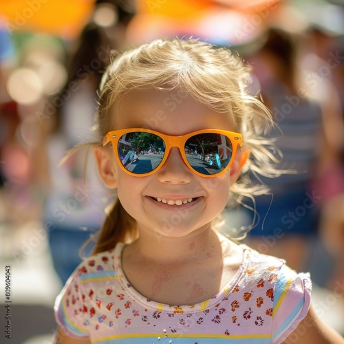A young girl wearing sunglasses is happily smiling and posing for a photograph. Her vision care eyewear makes her look cool and adds a fun element to the picture AIG50
