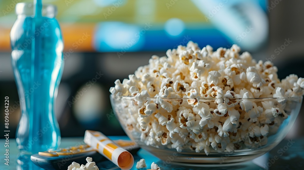 Relaxing movie night snacks featuring popcorn and soda. Casual home entertainment essentials captured in a modern lifestyle setting. Perfect for family leisure time imagery. AI Relaxing movie night snacks featuring popcorn and soda. Casual home entertainment essentials captured in a modern lifestyle setting. Perfect for family leisure time imagery. AI