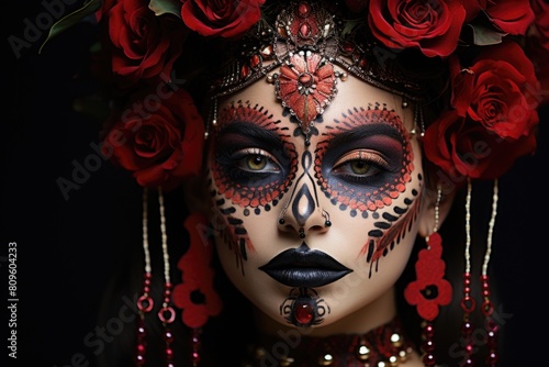 Woman with day of the dead makeup and floral headpiece